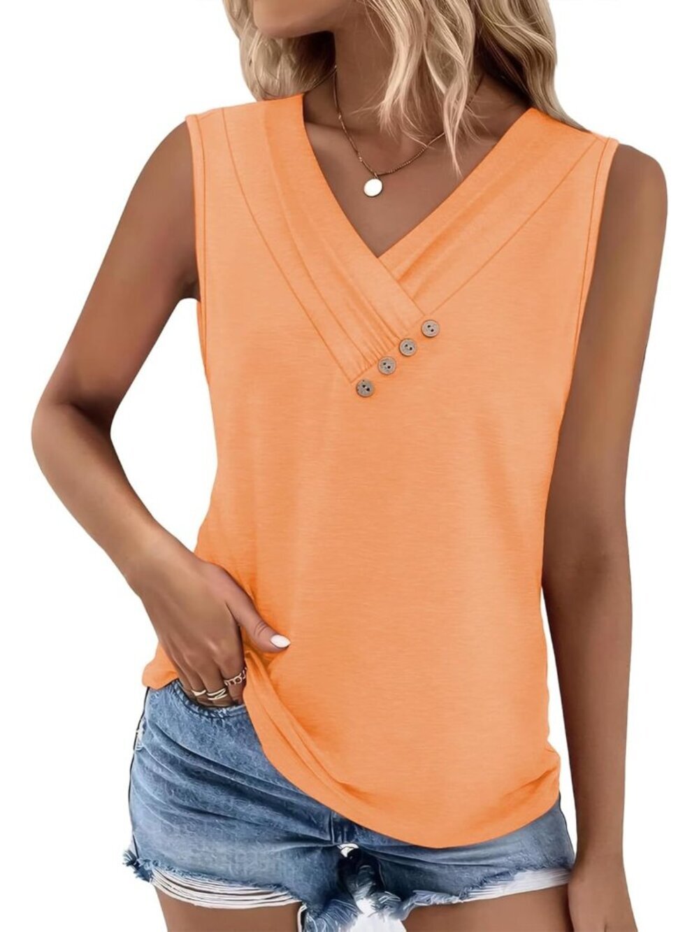 Women's Orange Sleeveless Tank Top Casual V Neck Loose Fit Pleated Button